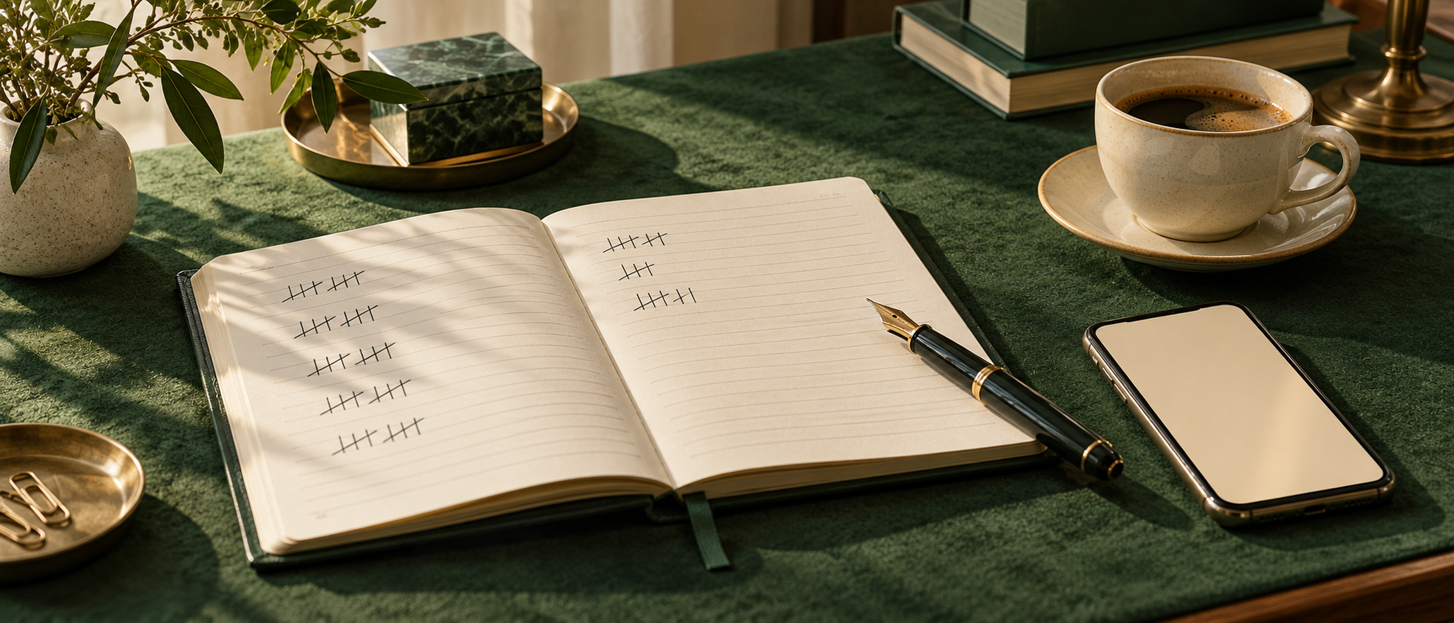 A tidy desk with a planner and phone