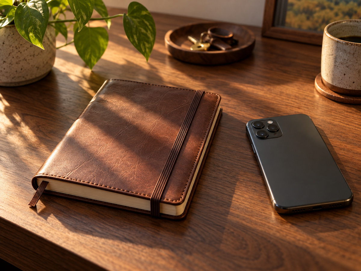 A closed notebook beside a phone